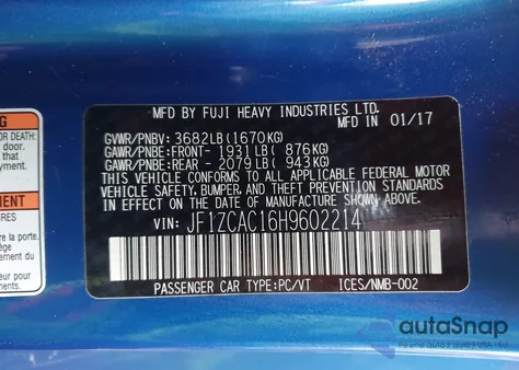 2017 Subaru Brz Limited from USA, damaged, VIN JF1ZCAC16H9602214